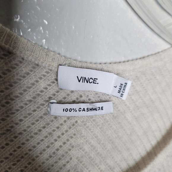 Vince womens sz Lg 100% Cashmere beige scoop Neck Sweater Pullover Ribbed tunic - Picture 3 of 6